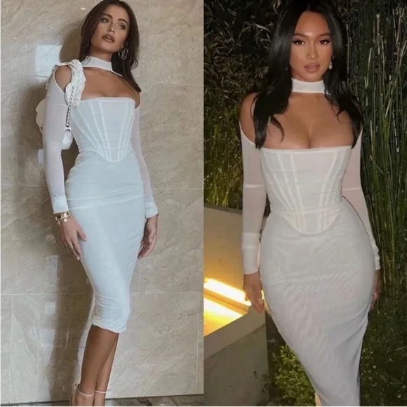 NWOT House of CB Milarose White Mesh Cut Out Corset Midi Dress sz M - Picture 3 of 13